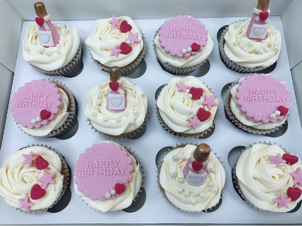 Pink champagne gin Prosecco themed cupcakes cake makers in Coleshill made at sweet Things coleshill 