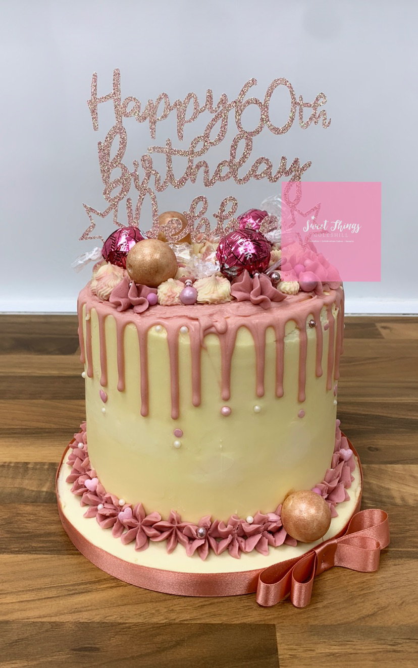 60th Birthday rose gold blush pink drip cake made at sweet Things coleshill 